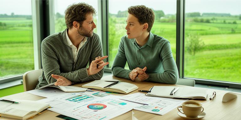 Twee ondernemers in gesprek bij een raam met uitzicht op groen landschap in de Achterhoek, strategische documenten op tafel